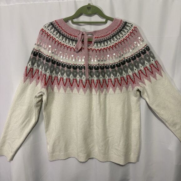 Talbots Icicle Fair Isle Sweater Cream Pink Bow Back Sequin Size XL Winter - Picture 7 of 11